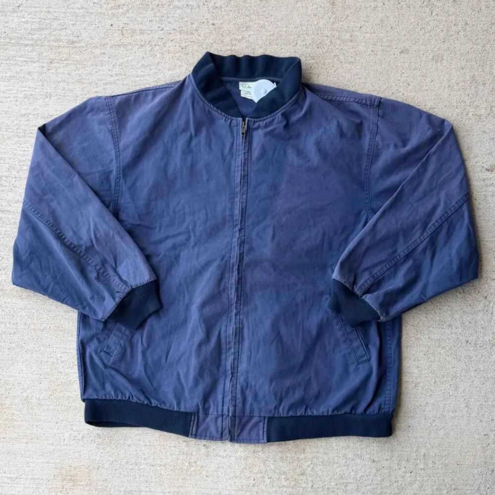 Vintage 80s Made in USA LL Bean Washed Navy Canvas Bomber Jacket Size XL